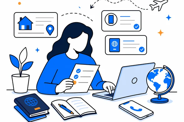 Flat semi-flat vector illustration of a traveler reviewing foreign address, phone number and passport details before submitting an online entry application, clean modern tech feel, faceless abstract character, calm organized atmosphere, minimal background, Aid-Air palette