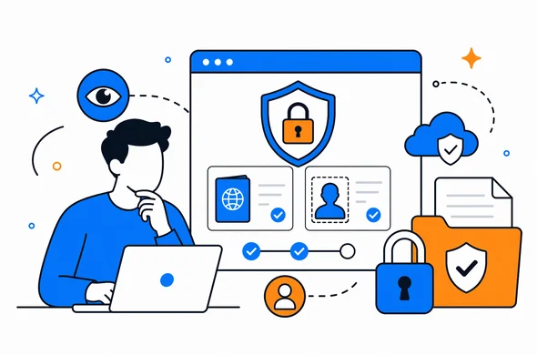 Flat semi-flat vector illustration of an abstract faceless traveler checking privacy and data security before uploading passport documents on a website, clean modern tech feel, calm organized atmosphere, minimal background, Aid-Air palette