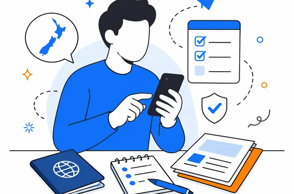 Flat semi-flat vector illustration of an abstract faceless traveler organizing a New Zealand entry application on a phone with passport and notes, clean modern tech feel, calm organized atmosphere, minimal background, Aid-Air palette.