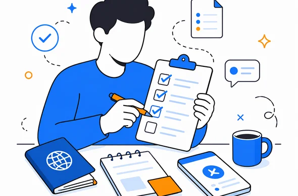 Flat semi-flat vector illustration of an abstract faceless person reviewing travel application details on a checklist beside a smartphone and passport, clean modern tech feel, calm organized atmosphere, minimal background, Aid-Air palette.