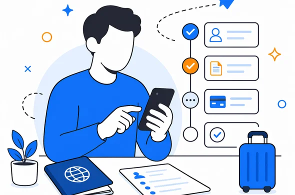 Flat semi-flat vector illustration of an abstract faceless traveler calmly proceeding with an organized digital application flow, phone, passport and clear steps, clean modern tech feel, minimal background, Aid-Air palette.