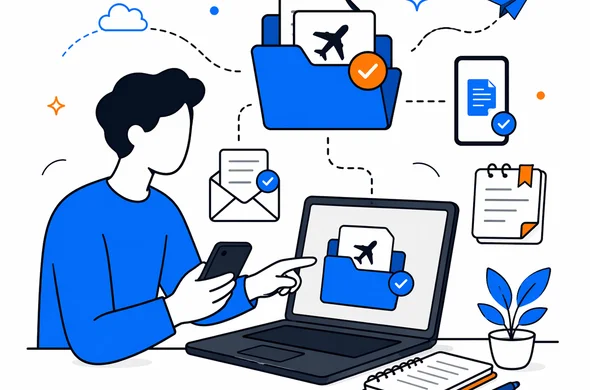 Flat semi-flat vector illustration of an abstract traveler organizing NZETA approval email, phone files and travel notes in a clean digital folder system, calm modern tech feel, faceless character, minimal background, Aid-Air palette.