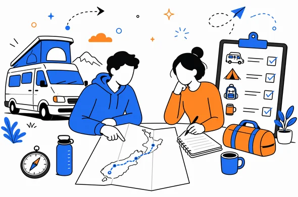 Flat modern vector illustration of a flexible vanlife trip planning scene for New Zealand, with abstract faceless travelers, van, map, checklist, calm organized atmosphere, minimal background, Aid-Air palette