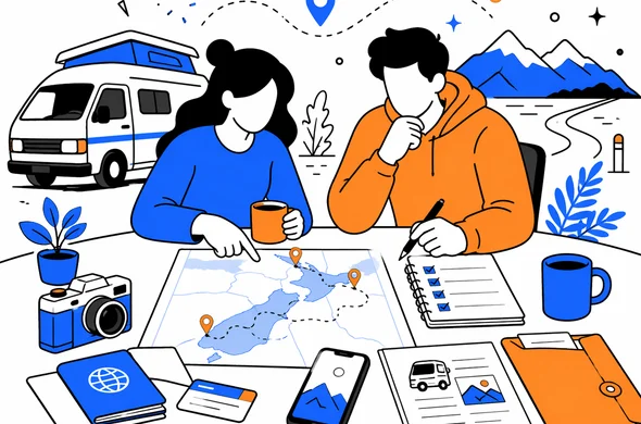 Clean semi-flat vector illustration showing organized travel planning table for a long flexible road trip in New Zealand, abstract faceless characters, documents, route icons, minimal background, calm tech style, Aid-Air palette