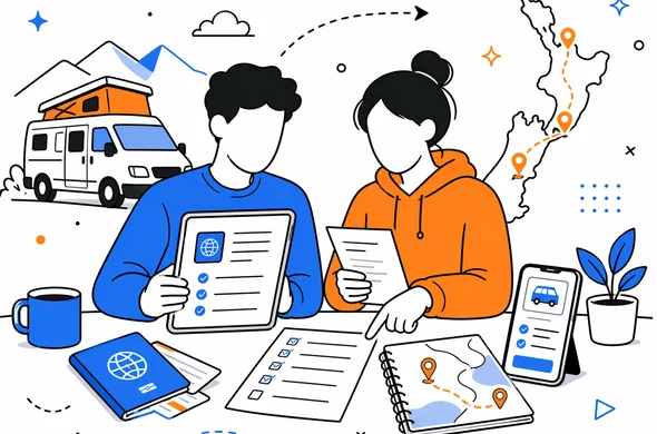 Flat vector illustration of abstract faceless travelers organizing digital travel documents before a long New Zealand road trip, vanlife theme, calm organized mood, minimal modern tech background, Aid-Air palette
