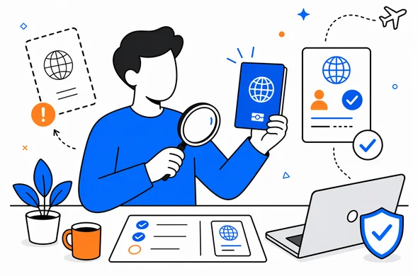 Flat vector illustration of organized travel document review after a passport was lost, calm modern tech style, faceless abstract characters, minimal background, Aid-Air palette