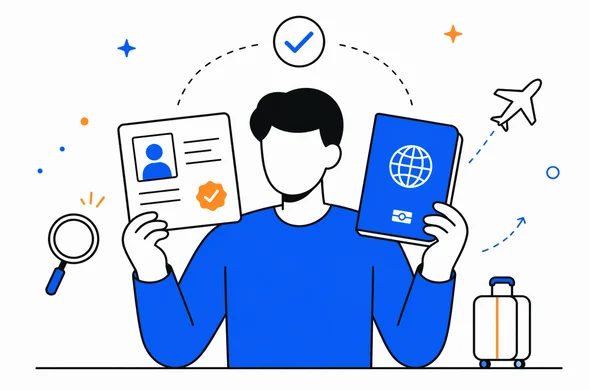 Flat semi-flat vector of traveler comparing an old approval record with a new passport before flight, clean modern tech feel, faceless abstract characters, calm organized atmosphere, minimal background, Aid-Air palette